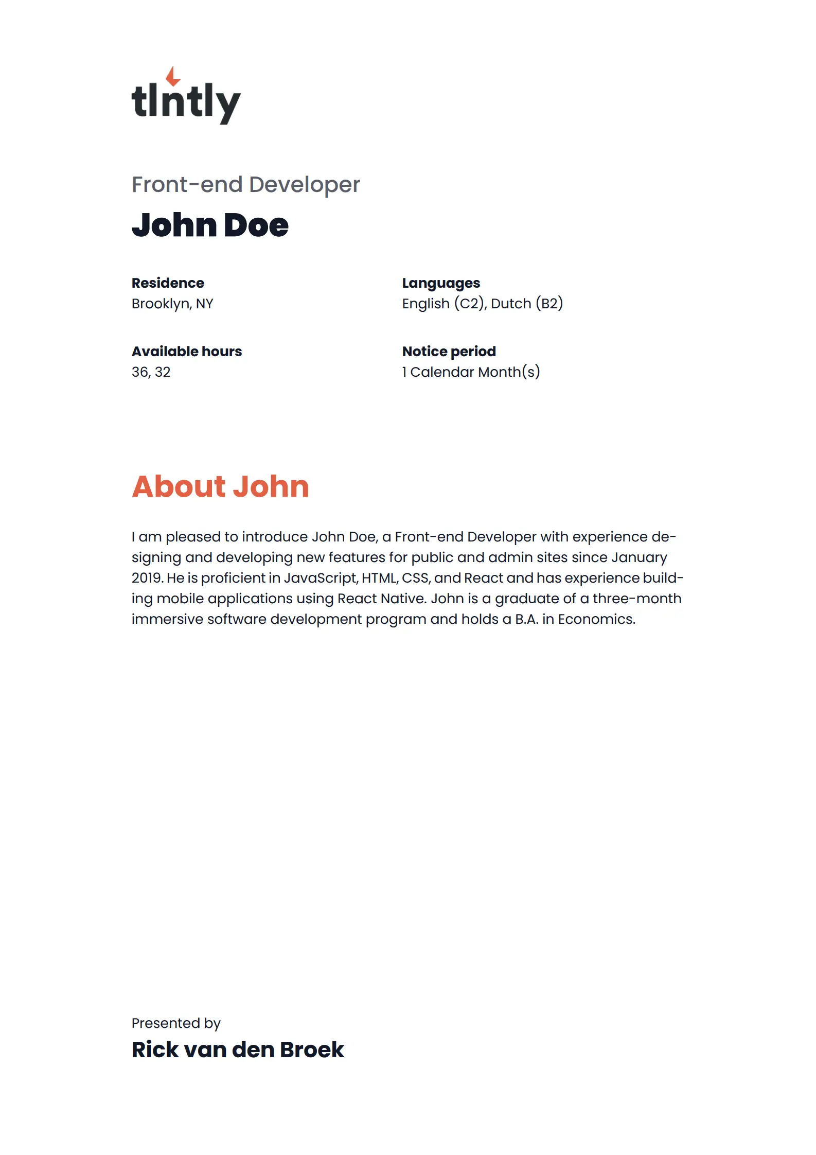 Branded CV formatted by Tlntly with agency logo and colors