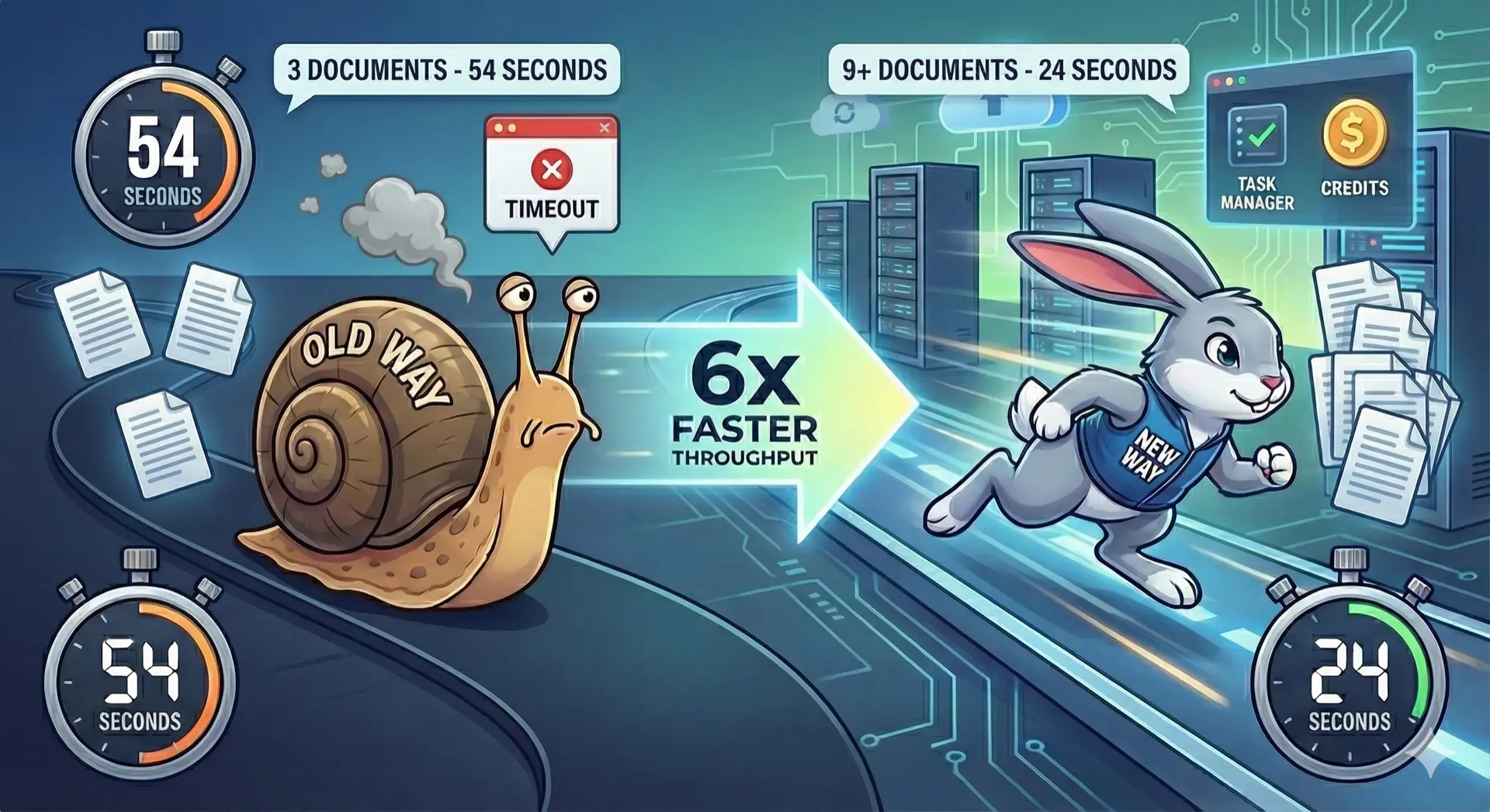 Performance dashboard showing 6x faster processing times